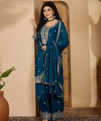 Teal color beautiful chinon silk embroidery elegant ceremonial suit 5