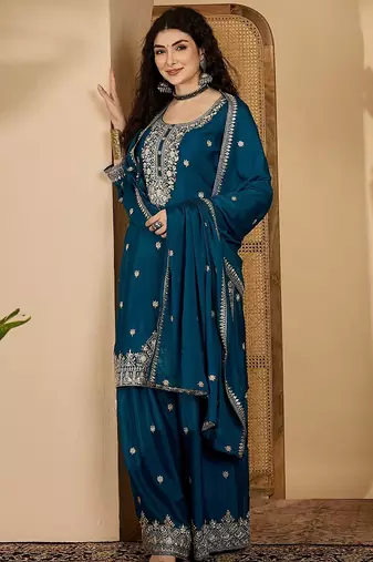 Teal color beautiful chinon silk embroidery elegant ceremonial suit