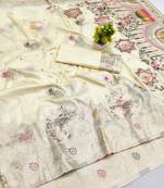 Cream zari woven banarasi silk blend saree with blouse piece