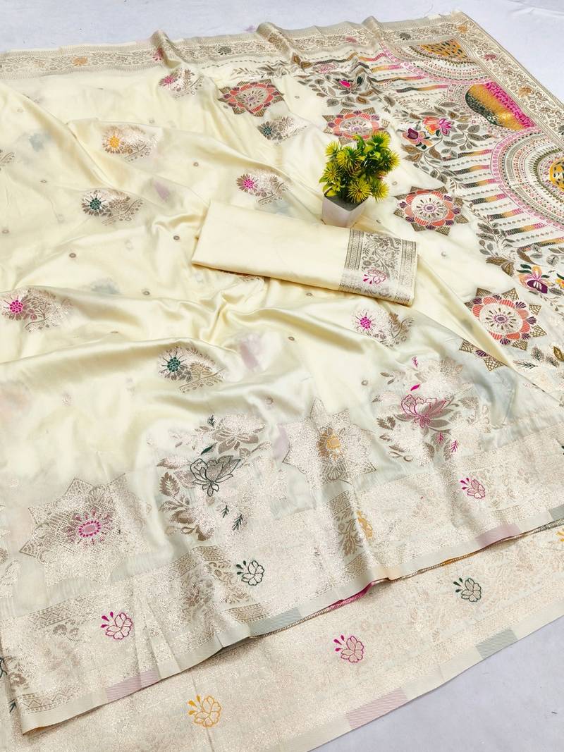 Cream zari woven banarasi silk blend saree with blouse piece