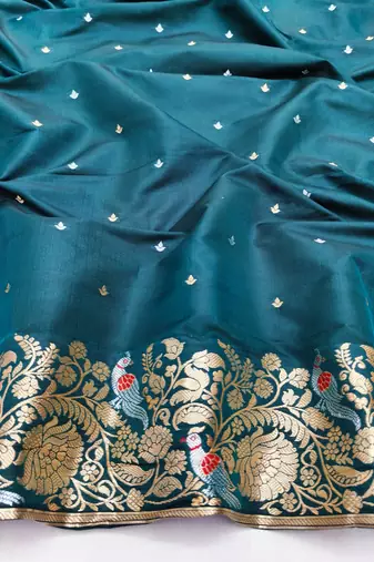 Blue zari woven silk blend saree with blouse piece