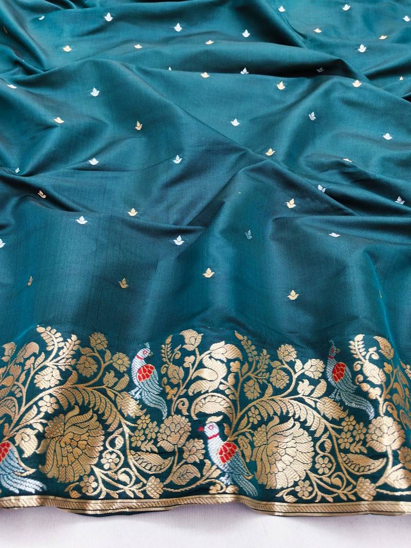 Blue zari woven banarasi silk blend saree with blouse piece