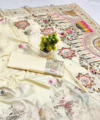 Cream zari woven silk blend saree with blouse piece 3