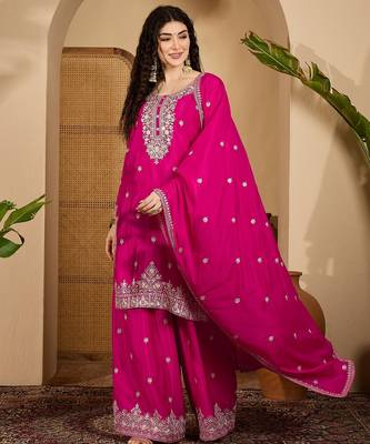 Pink color beautiful chinon silk embroidery elegant ceremonial suit 1