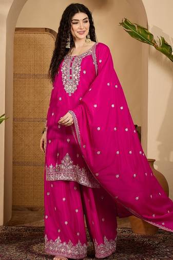 Pink color beautiful chinon silk embroidery elegant ceremonial suit