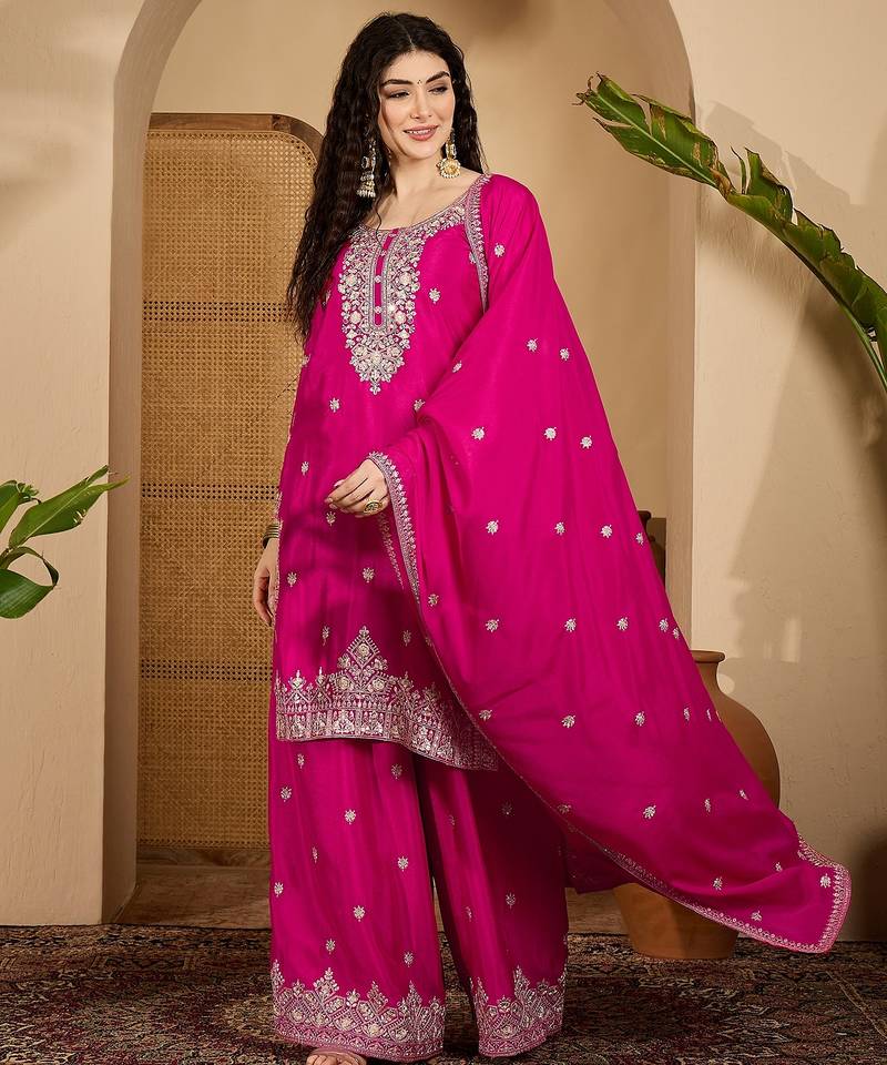 Pink color beautiful chinon silk embroidery elegant ceremonial suit