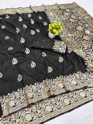 Black zari woven silk blend saree with blouse piece 1