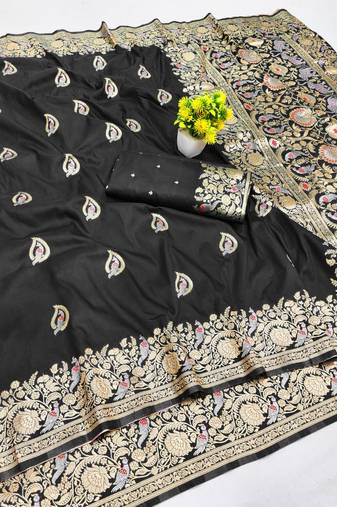 Black zari woven banarasi silk blend saree with blouse piece