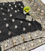 Black zari woven banarasi silk blend saree with blouse piece