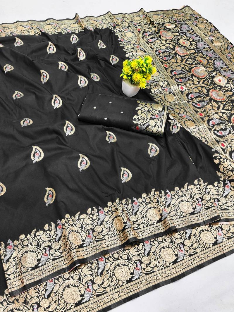 Black zari woven banarasi silk blend saree with blouse piece