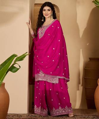Pink color beautiful chinon silk embroidery elegant ceremonial suit 2