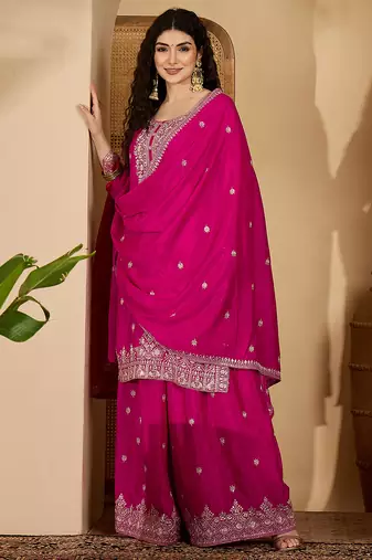 Pink color beautiful chinon silk embroidery elegant ceremonial suit