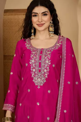Pink color beautiful chinon silk embroidery elegant ceremonial suit