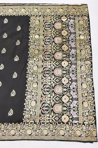 Black zari woven silk blend saree with blouse piece