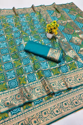 Rama zari woven silk blend saree with blouse piece