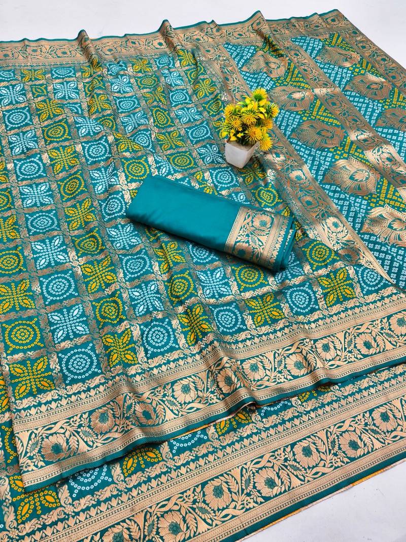 Rama zari woven banarasi silk blend saree with blouse piece