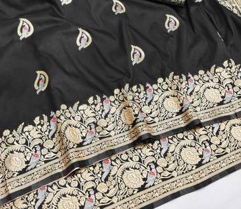 Black zari woven silk blend saree with blouse piece 3