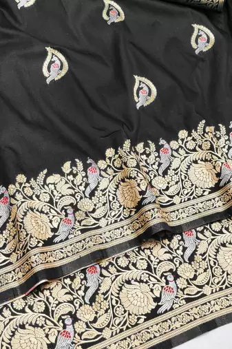 Black zari woven silk blend saree with blouse piece