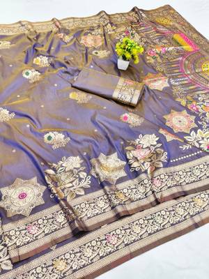 Lavender zari woven silk blend saree with blouse piece 1