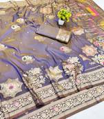 Lavender zari woven banarasi silk blend saree with blouse piece