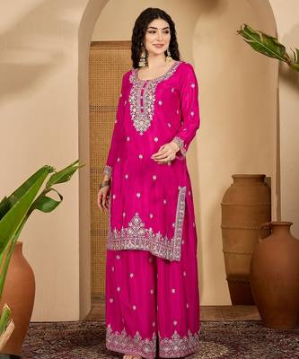 Pink color beautiful chinon silk embroidery elegant ceremonial suit 4