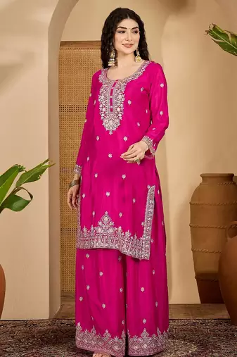 Pink color beautiful chinon silk embroidery elegant ceremonial suit