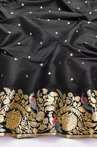 Black zari woven silk blend saree with blouse piece