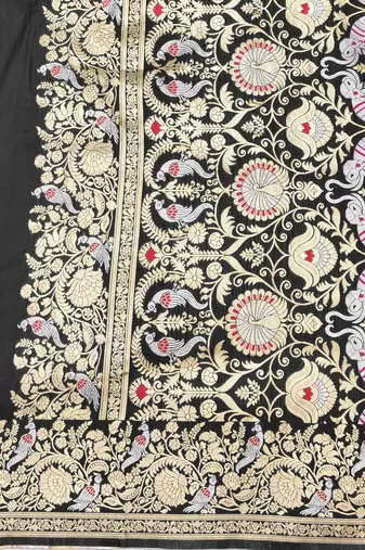 Black zari woven silk blend saree with blouse piece
