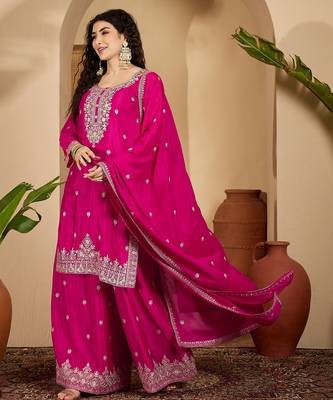 Pink color beautiful chinon silk embroidery elegant ceremonial suit 5