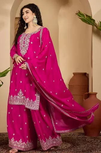 Pink color beautiful chinon silk embroidery elegant ceremonial suit