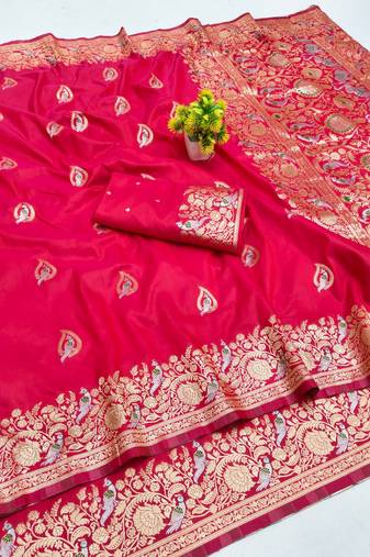 Pink zari woven banarasi silk blend saree with blouse piece