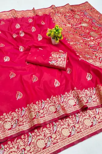 Pink zari woven banarasi silk blend saree with blouse piece
