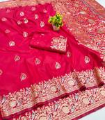 Pink zari woven banarasi silk blend saree with blouse piece