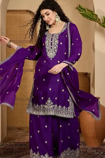 Purple color beautiful chinon silk embroidery elegant ceremonial suit