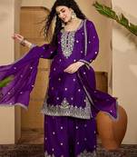 Purple color beautiful chinon silk embroidery elegant ceremonial suit