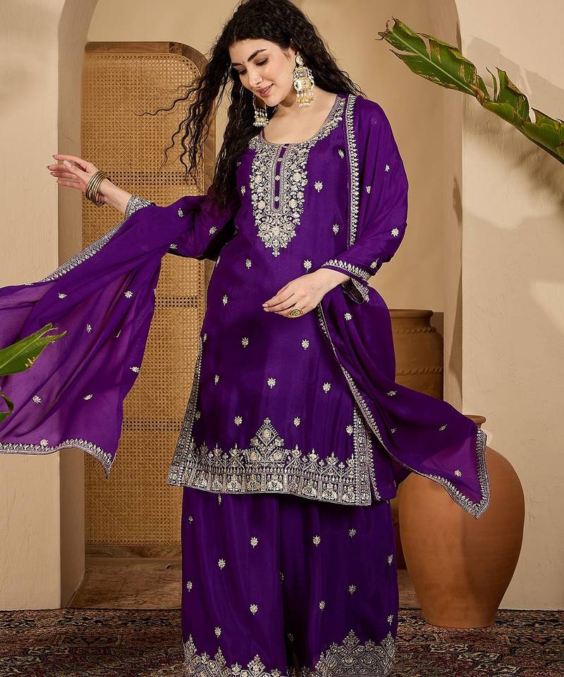 Purple color beautiful chinon silk embroidery elegant ceremonial suit