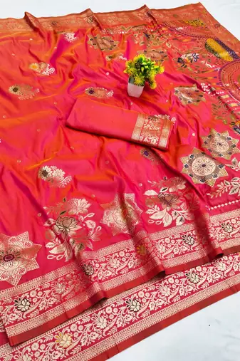 Rani pink zari woven banarasi silk blend saree with blouse piece
