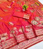 Rani pink zari woven banarasi silk blend saree with blouse piece