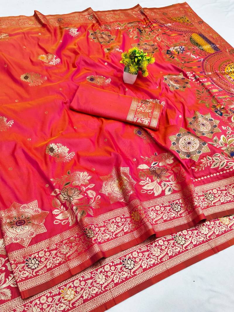 Rani pink zari woven banarasi silk blend saree with blouse piece