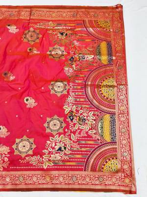 Rani pink zari woven silk blend saree with blouse piece 2
