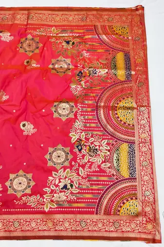 Rani pink zari woven silk blend saree with blouse piece