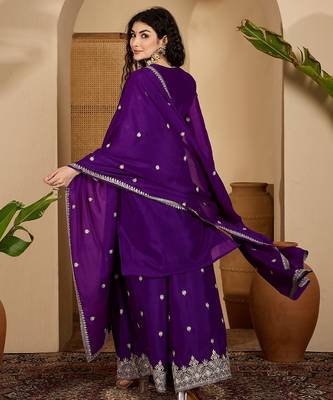 Purple color beautiful chinon silk embroidery elegant ceremonial suit 2