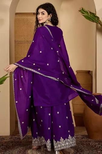 Purple color beautiful chinon silk embroidery elegant ceremonial suit