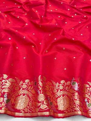 Pink zari woven silk blend saree with blouse piece 4