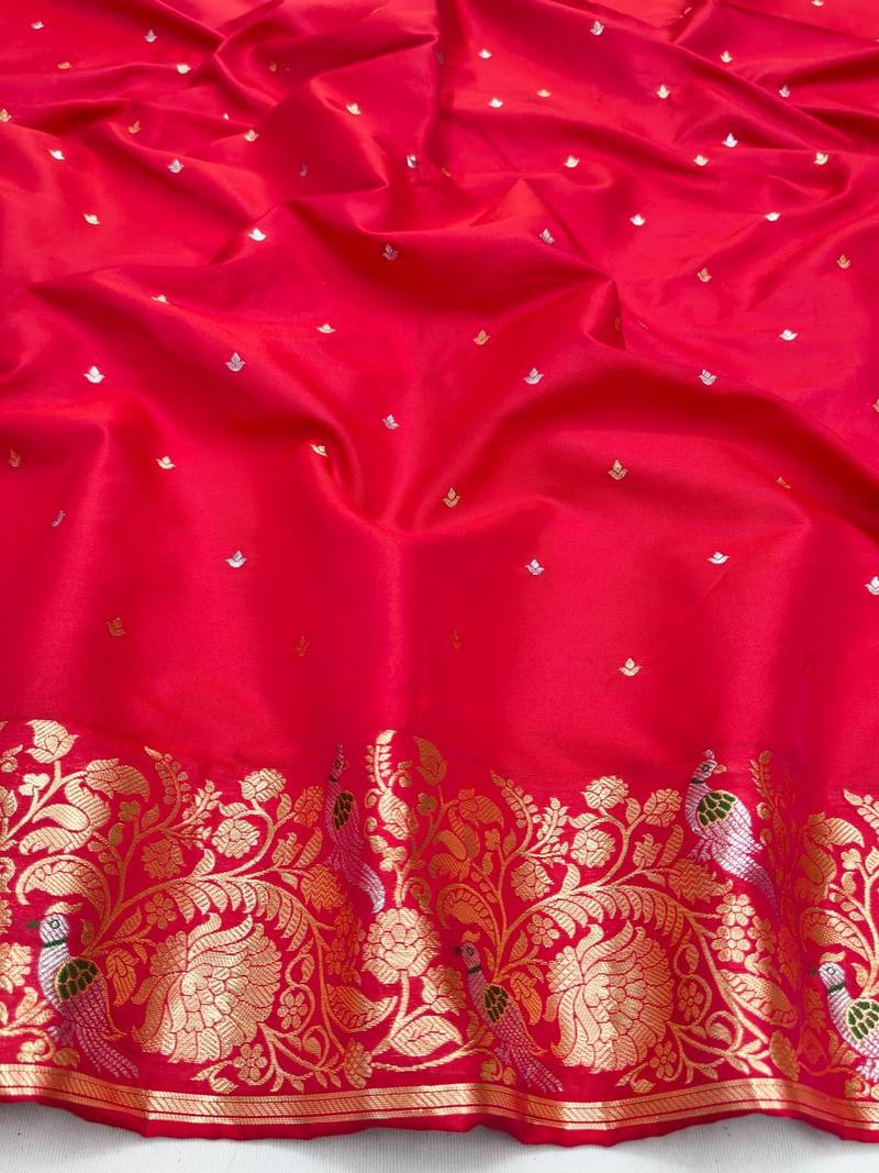 Pink zari woven banarasi silk blend saree with blouse piece