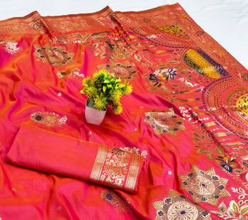 Rani pink zari woven silk blend saree with blouse piece 3