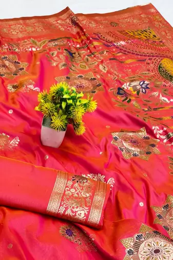 Rani pink zari woven silk blend saree with blouse piece