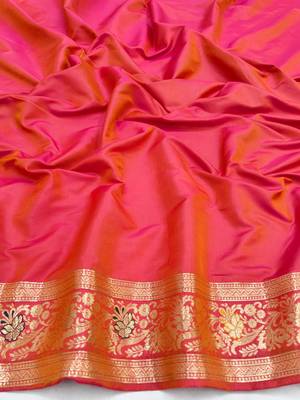 Rani pink zari woven silk blend saree with blouse piece 4