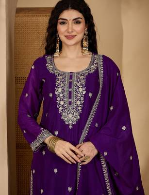 Purple color beautiful chinon silk embroidery elegant ceremonial suit 3
