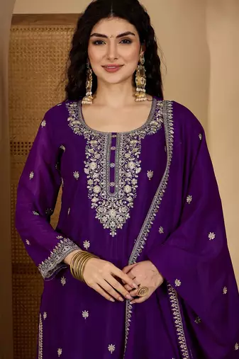 Purple color beautiful chinon silk embroidery elegant ceremonial suit